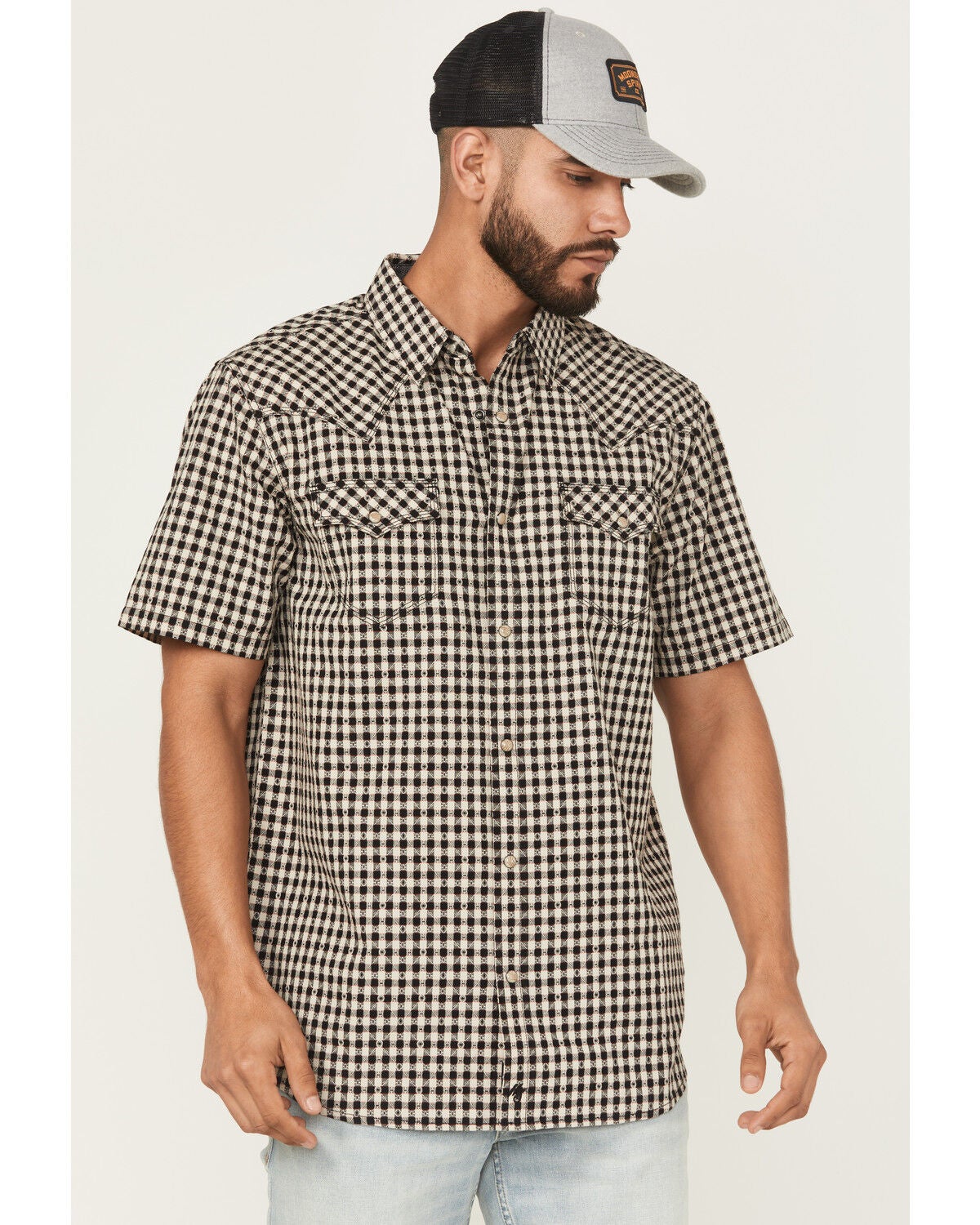 Moonshine Spirit&reg; Men's Checkers Plaid Print Short Sleeve Snap Western Shirt, Tan, hi-res