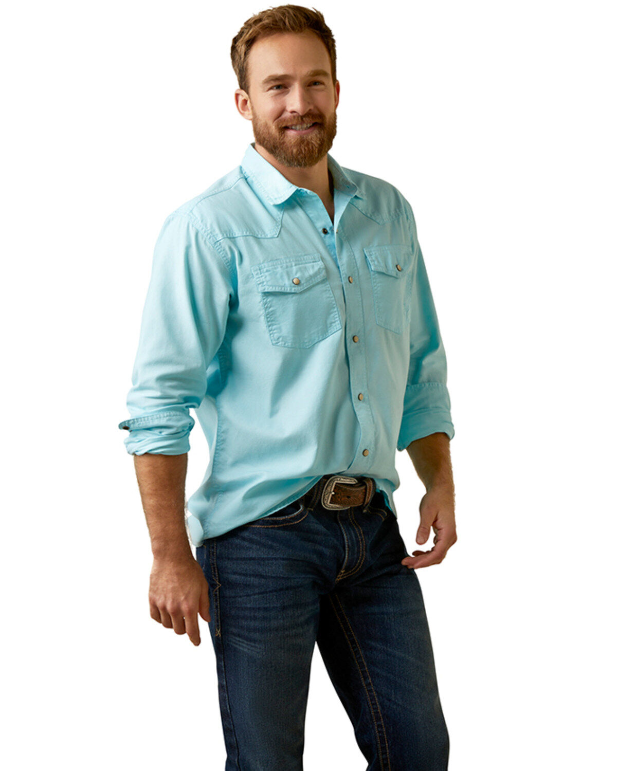 Image #3 - Ariat Men's Ace Retro Fit Solid Long Sleeve Snap Western Shirt, Aqua, hi-res