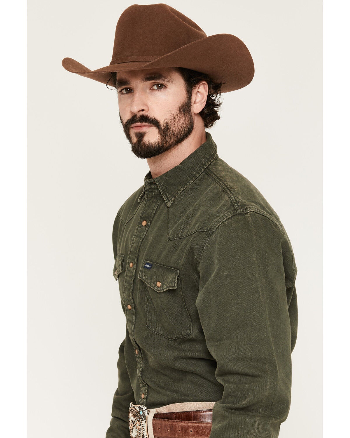 Image #2 - Wrangler Men's Solid Long Sleeve Snap Denim Western Shirt, Olive, hi-res