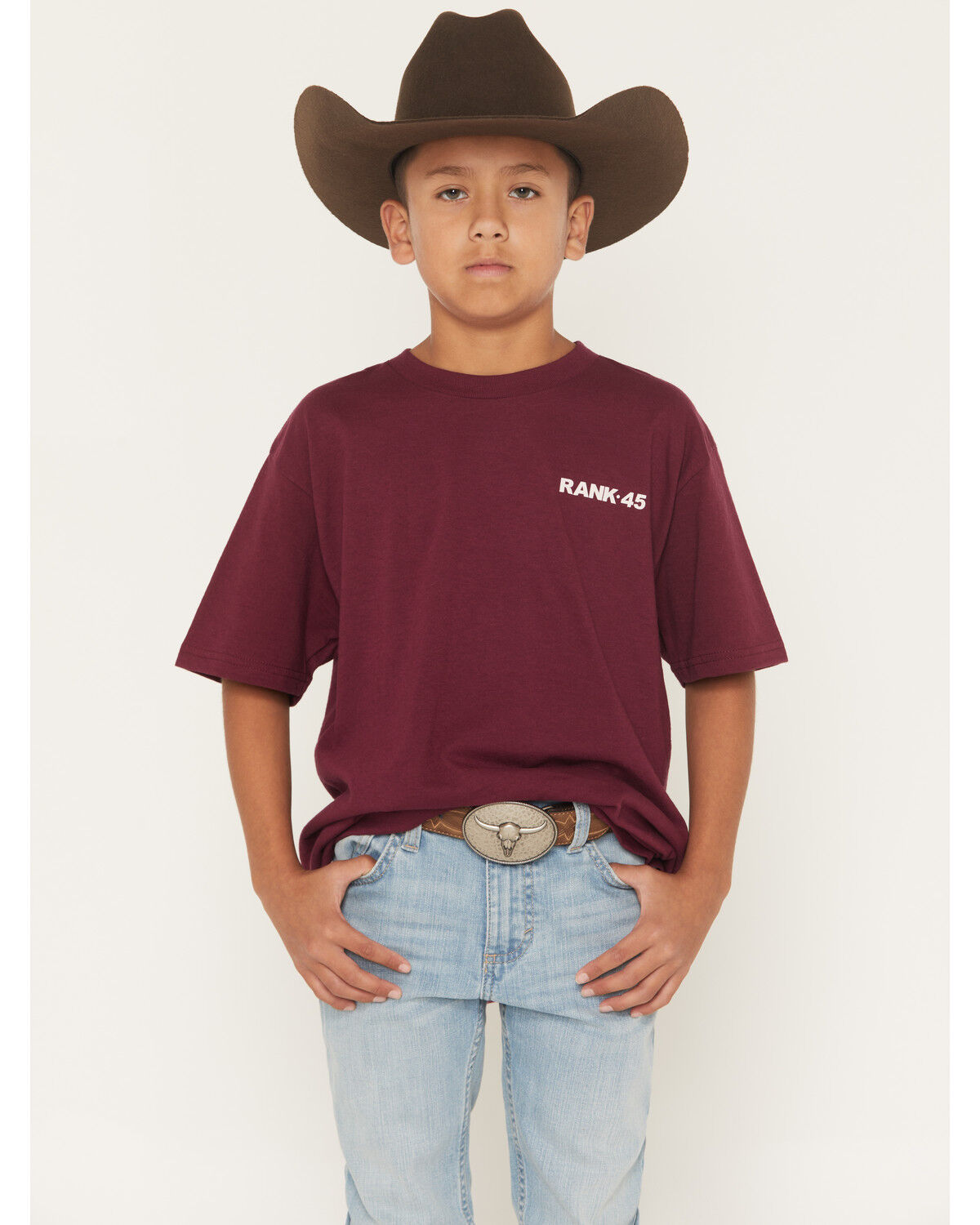 Image #2 - RANK 45® Boys' Half Steer Skull Short Sleeve Graphic T-Shirt, Burgundy, hi-res