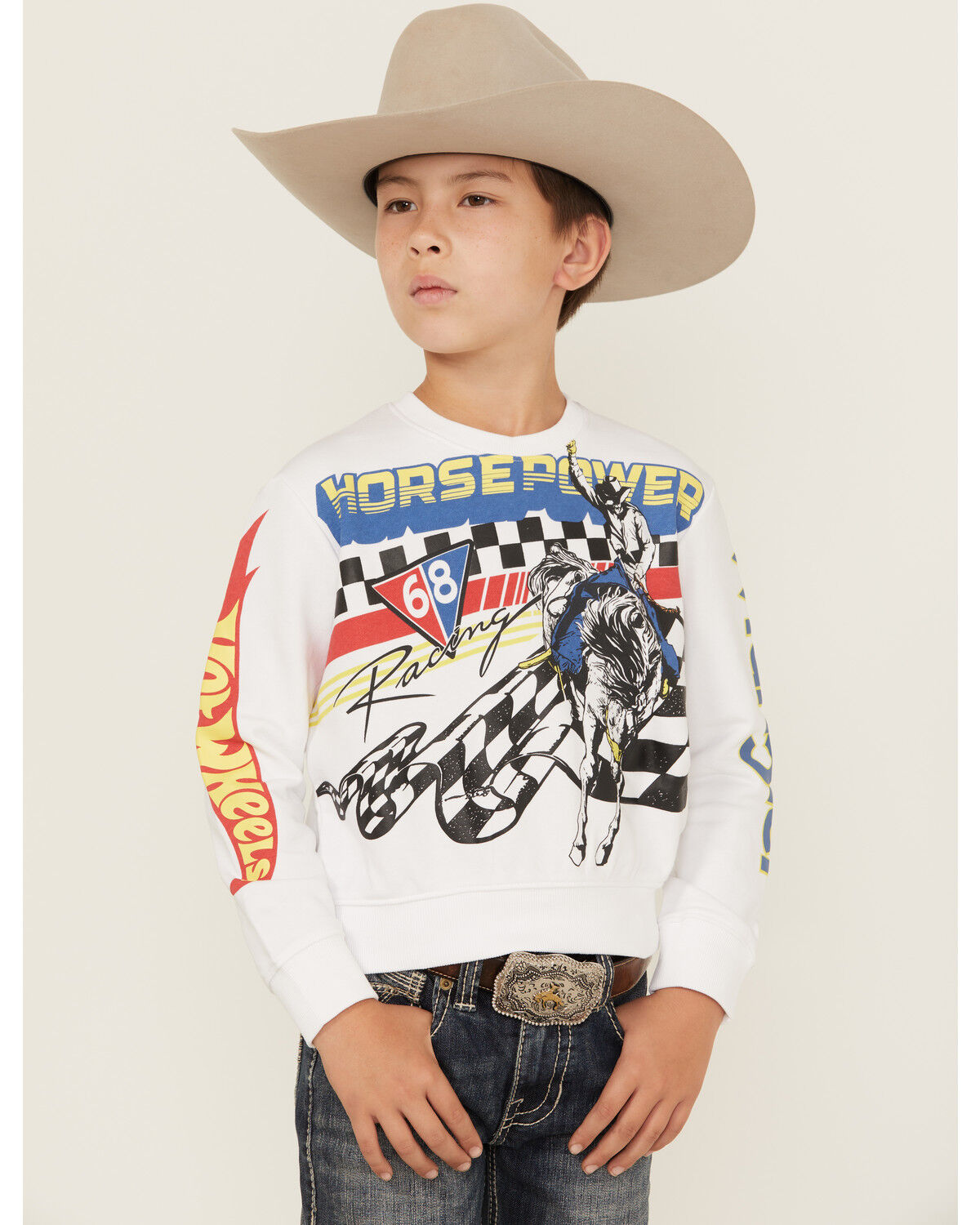 Image #1 - Wrangler® x Hot Wheels™ Boys' Rodeo Crew Neck Sweatshirt, White, hi-res