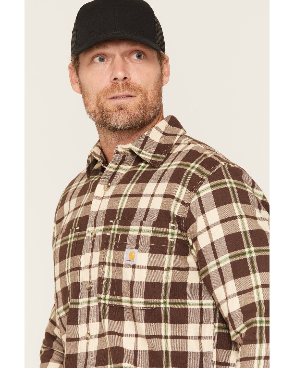 Image #2 - Carhartt Men's Hamilton Rugged Flex Lightweight Plaid Print Long Sleeve Button-Down Stretch Flannel Shirt, Green, hi-res