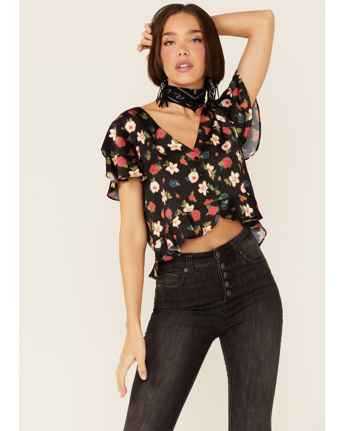Beyond The Radar Women's Floral Satin Button Front Blouse, Black, hi-res