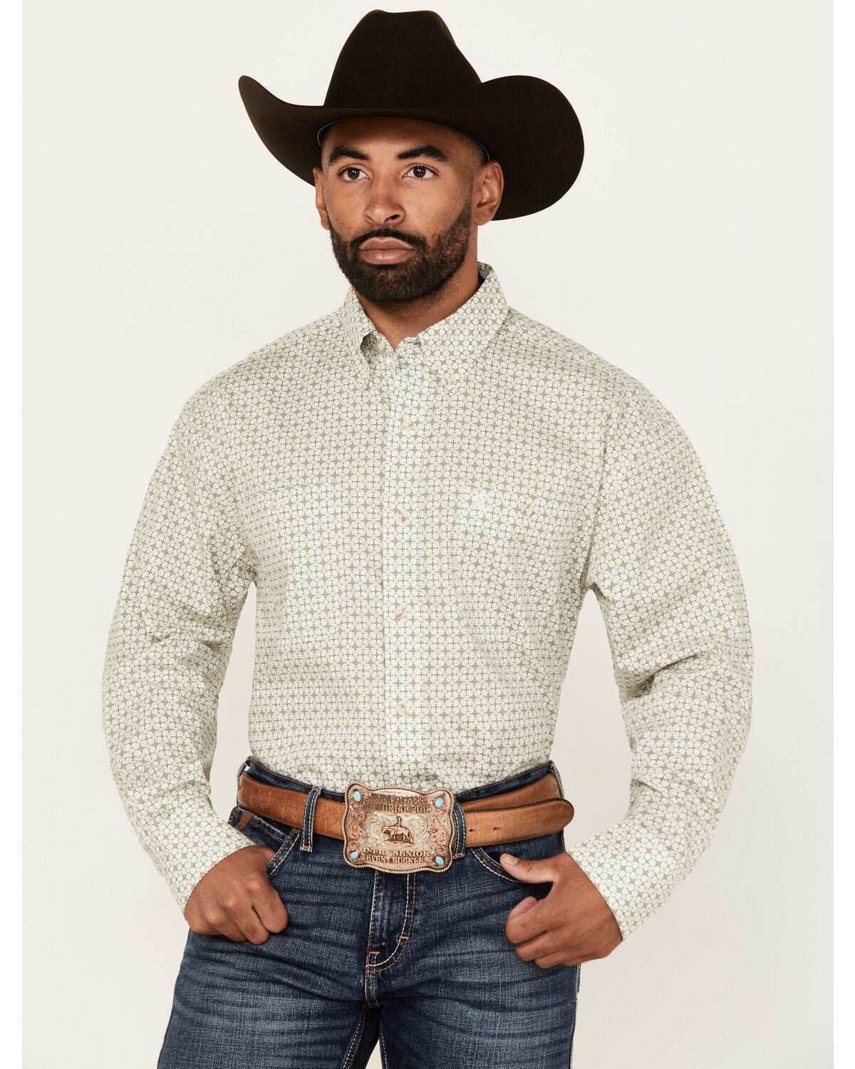 George Strait by Wrangler Men's Medallion Print Long Sleeve Button-Down Western Shirt, White, hi-res