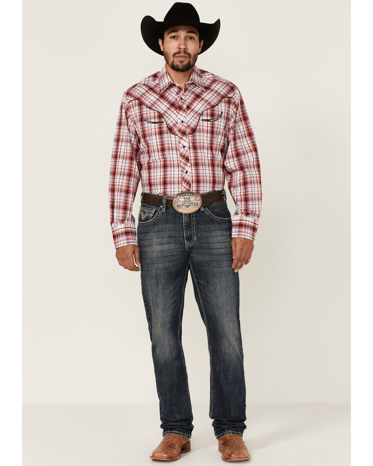 Image #2 - Roper Men's Plaid Print Embroidered Applique Long Sleeve Snap Western Shirt, Red, hi-res