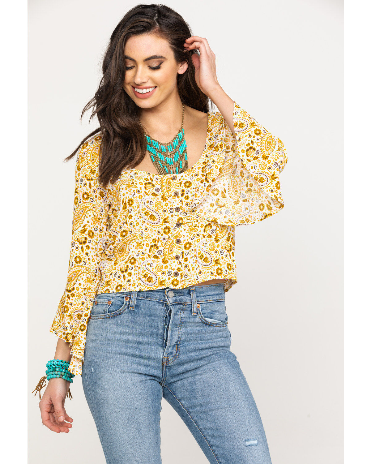 Image #1 - Shyanne Women's Mustard Paisley Patchwork Bell Sleeve Top, , hi-res