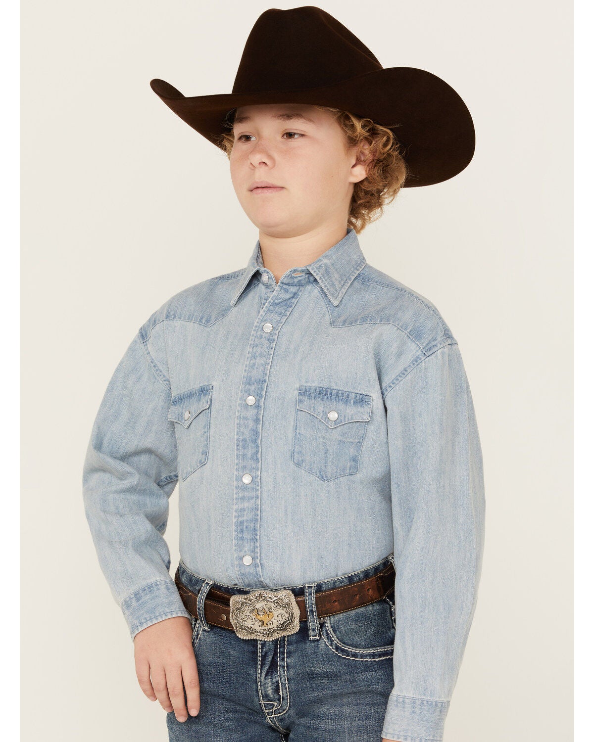 Rock & Roll Denim Boys' Light Wash Denim Long Sleeve Pearl Snap Western Shirt, Blue, hi-res