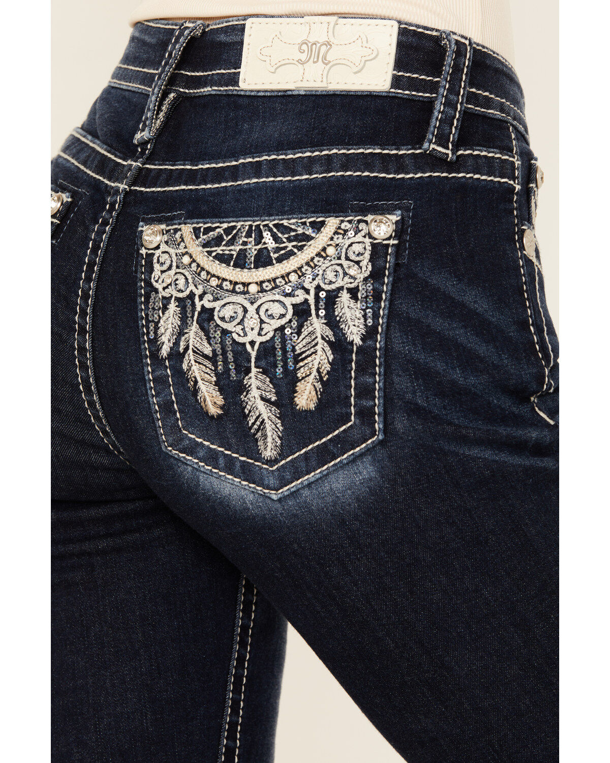 Image #2 - Miss Me Women's Dark Wash Mid Rise Dream Catcher Pocket Bootcut Stretch Denim Jeans, , hi-res