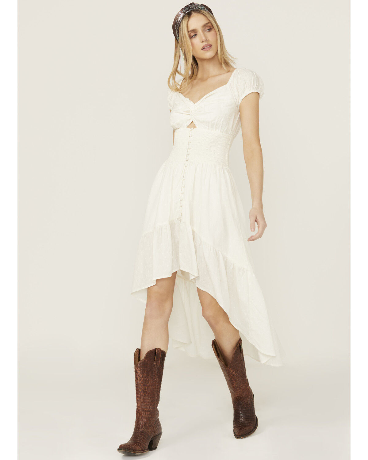 Image #2 - Shyanne Women's Solid Twist Front Short Sleeve High-Low Dress, Cream, hi-res