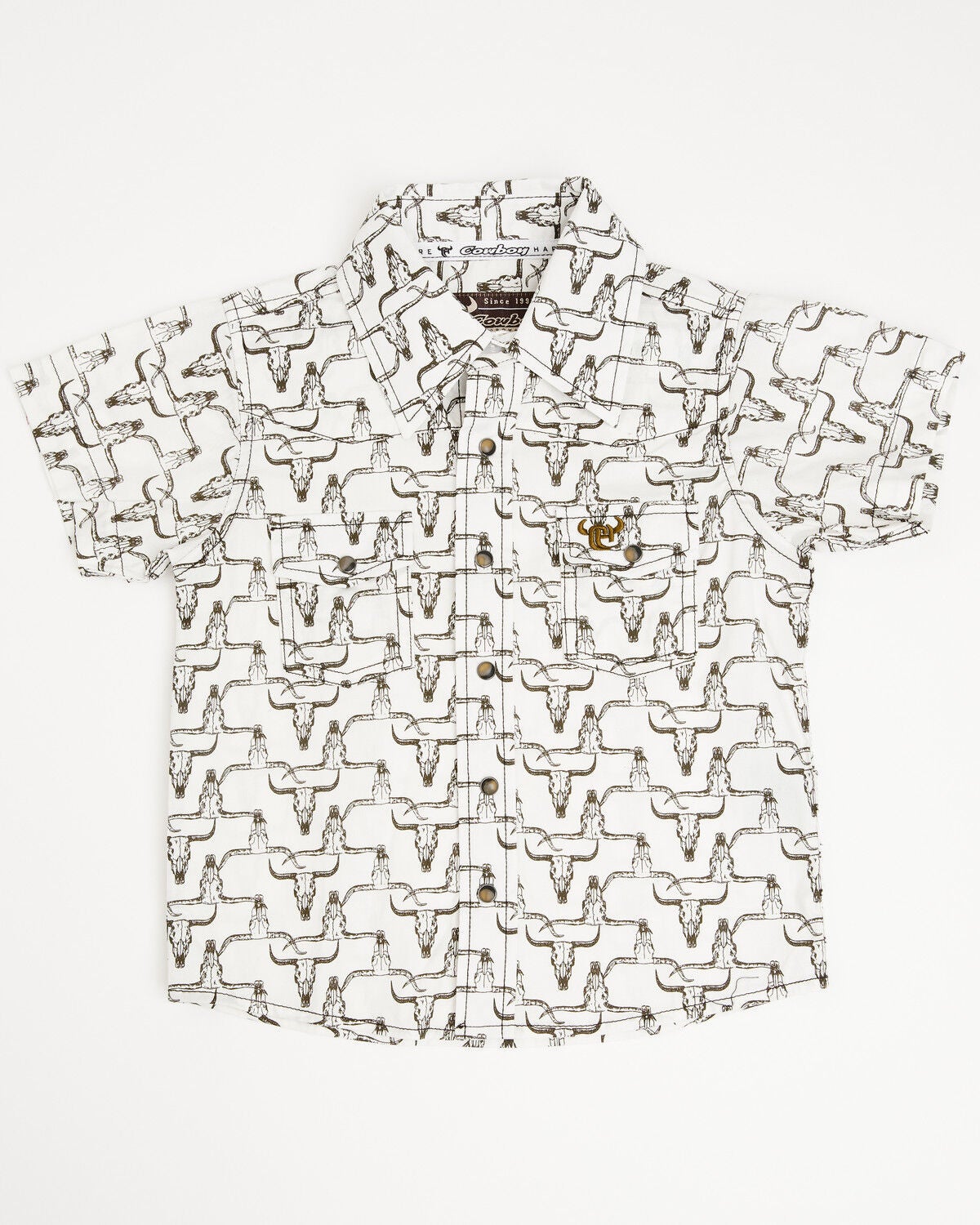 Cowboy Hardware Toddler Boys' Cow Skull Print Short Sleeve Snap Stretch Western Shirt, White, hi-res
