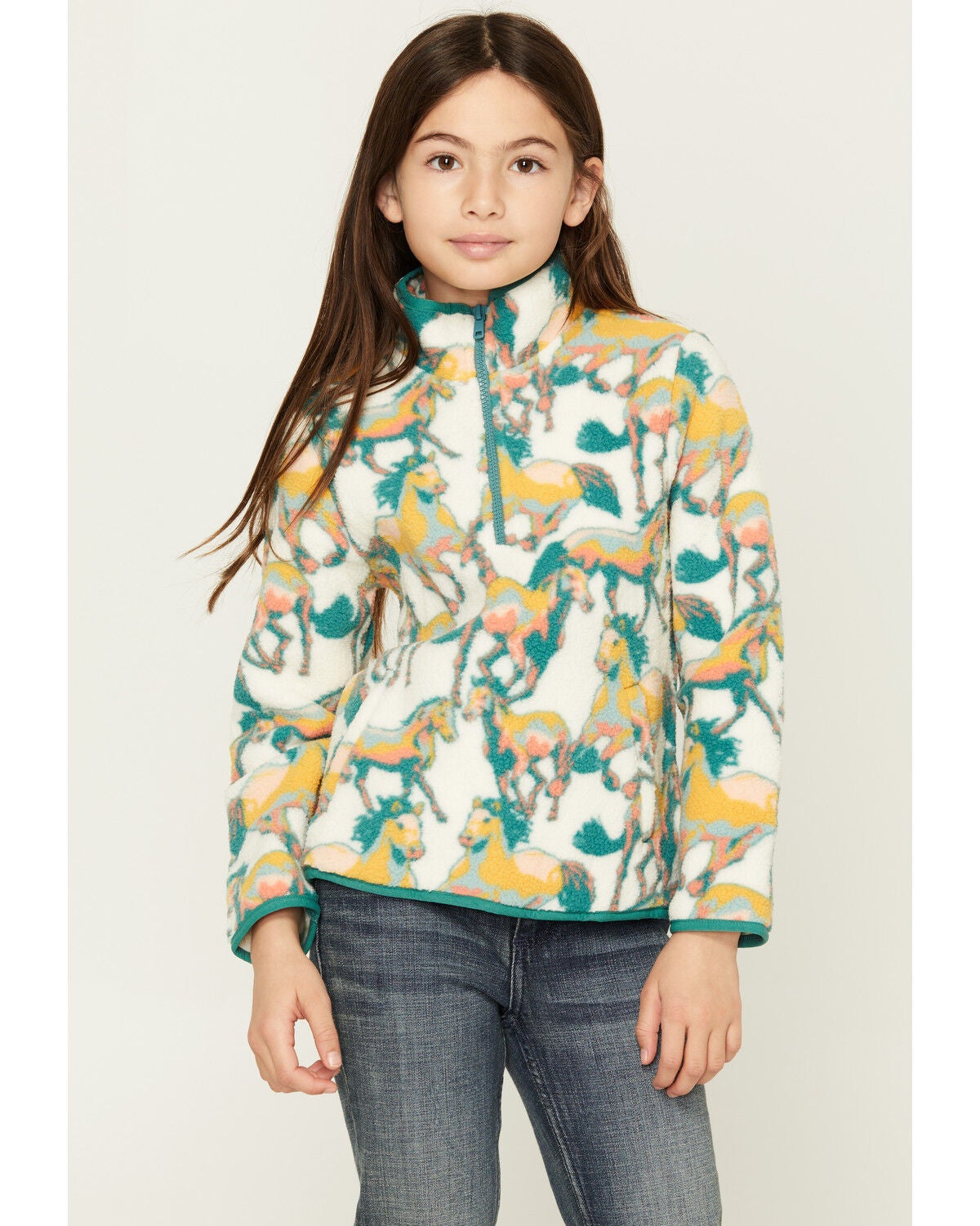 Image #1 - Wrangler Girls' Horse Print Sherpa Pullover, Multi, hi-res