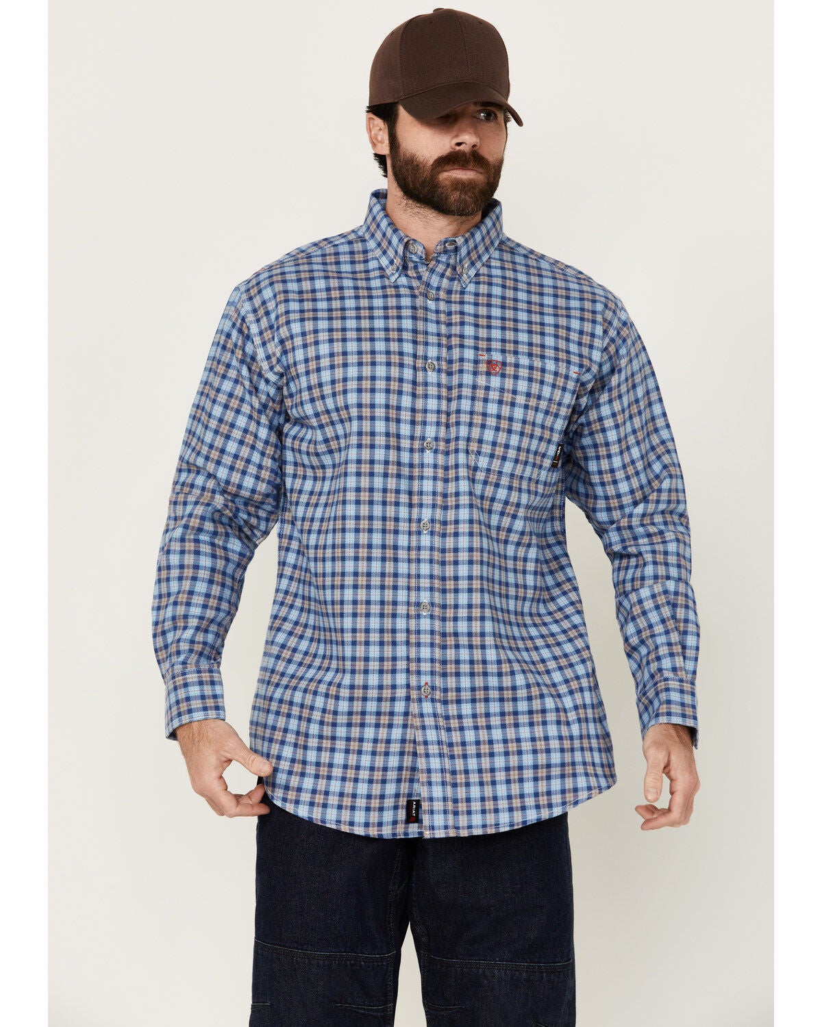 Ariat Men's FR Sierra Plaid Print Long Sleeve Button-Down Work Shirt, Blue, hi-res