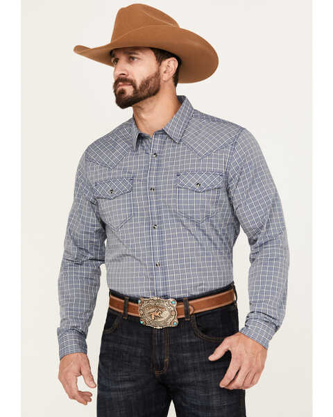 Cody James Men's Trainer Plaid Print Long Sleeve Snap Western Shirt - Big, Navy, hi-res