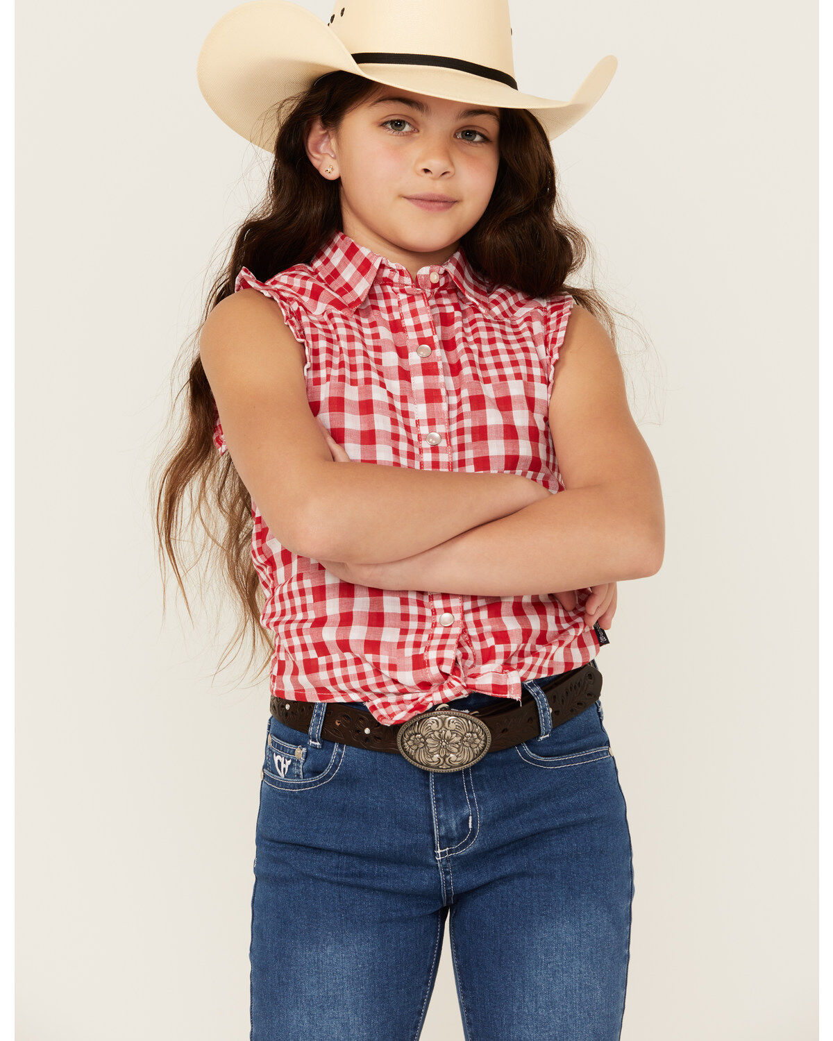 Image #1 - Wrangler Girls' Plaid Print Tie Front Sleeveless Snap Western Shirt, , hi-res