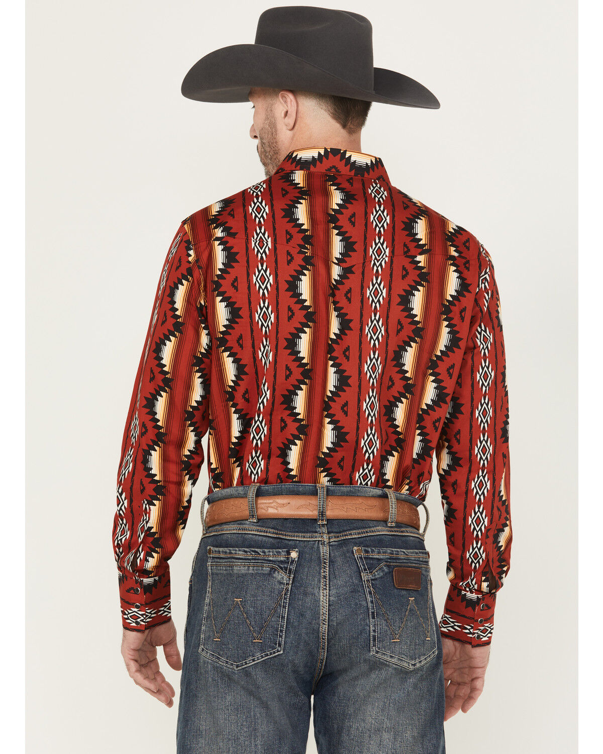 Image #4 - Wrangler Men's Checotah Southwestern Striped Print Long Sleeve Snap Western Shirt, Red, hi-res