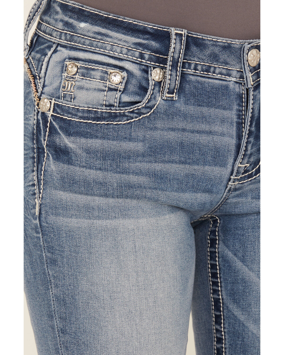 Miss Me Women's Medium Wash Wing Embroidered 34" Bootcut Stretch Jeans