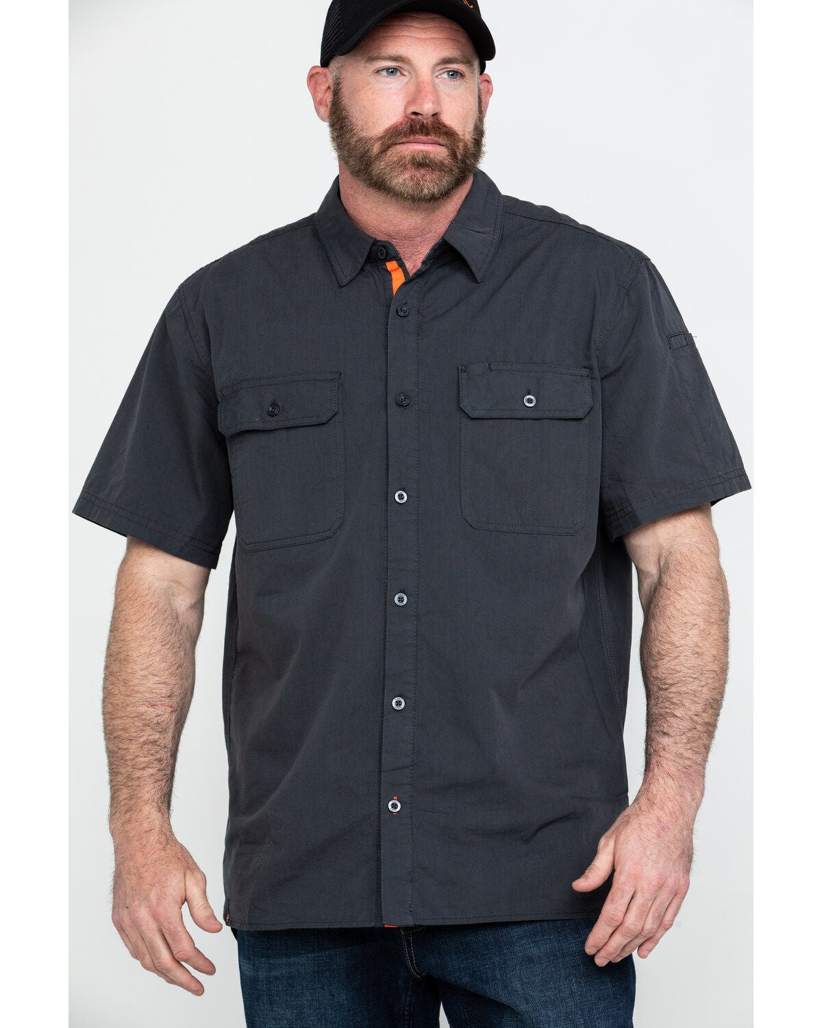 Hawx Men's Charcoal Solid Yarn Dye Two Pocket Short Sleeve Work Shirt - Tall, Charcoal, hi-res