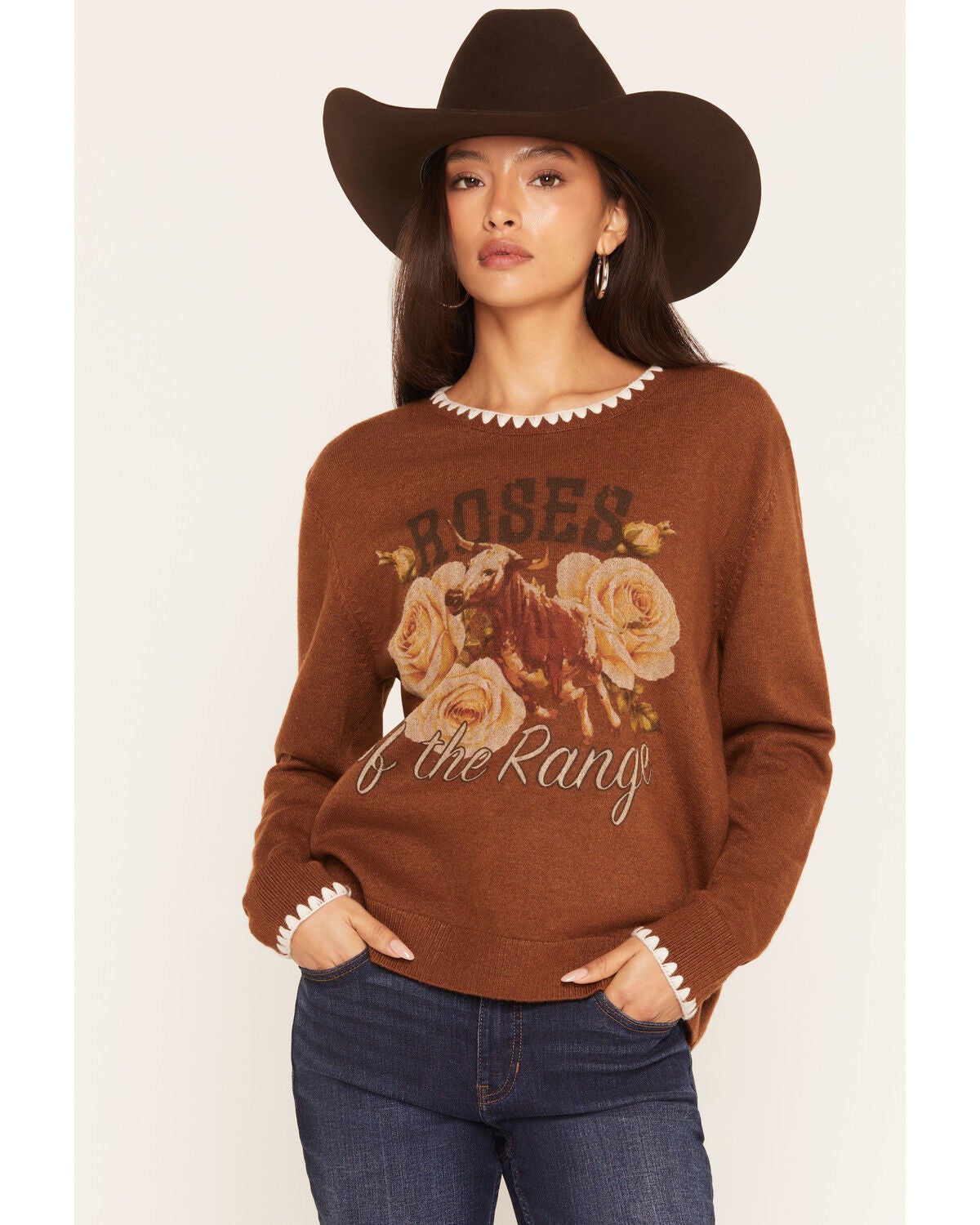 Rodeo Quincy Women's Roses of the Range Sweater, Brown, hi-res