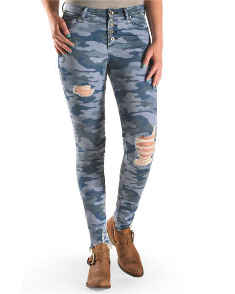 Image #1 - Tractr Women's High Rise Camo Skinny Jeans , Indigo, hi-res