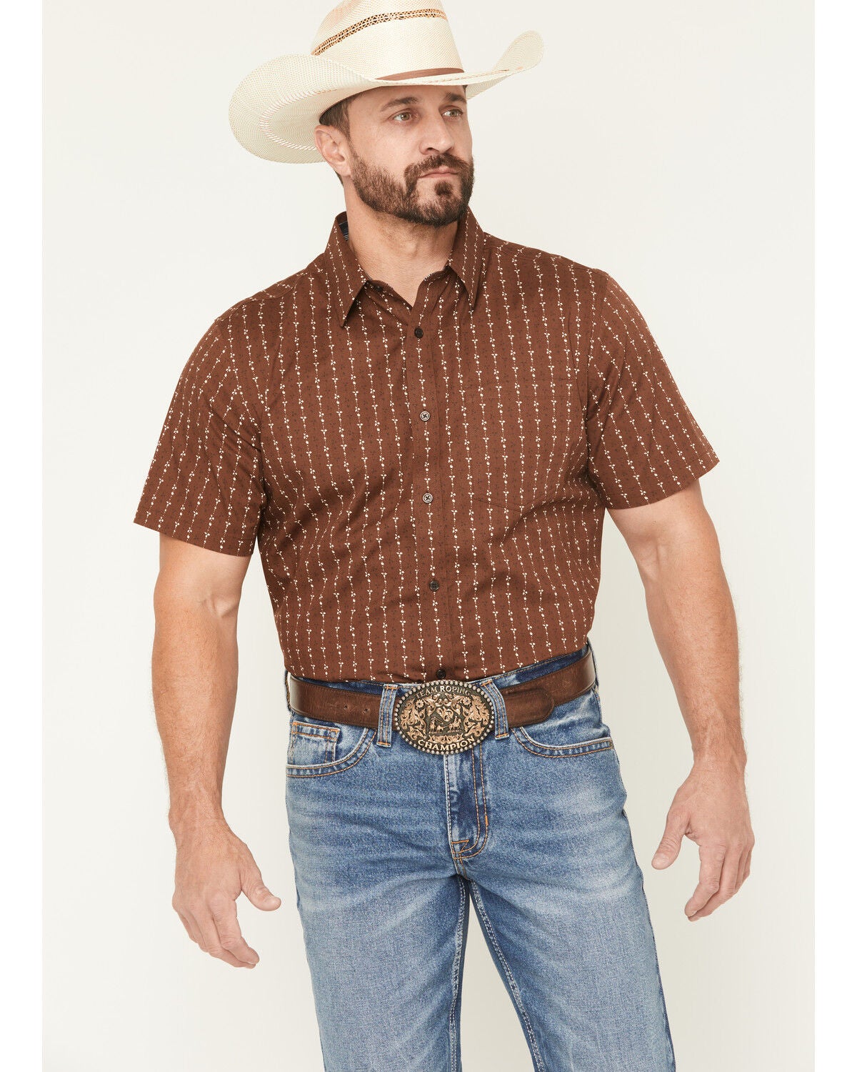 Cody James Men's Westward Floral Striped Short Sleeve Button-Down Stretch Western Shirt, Brown, hi-res