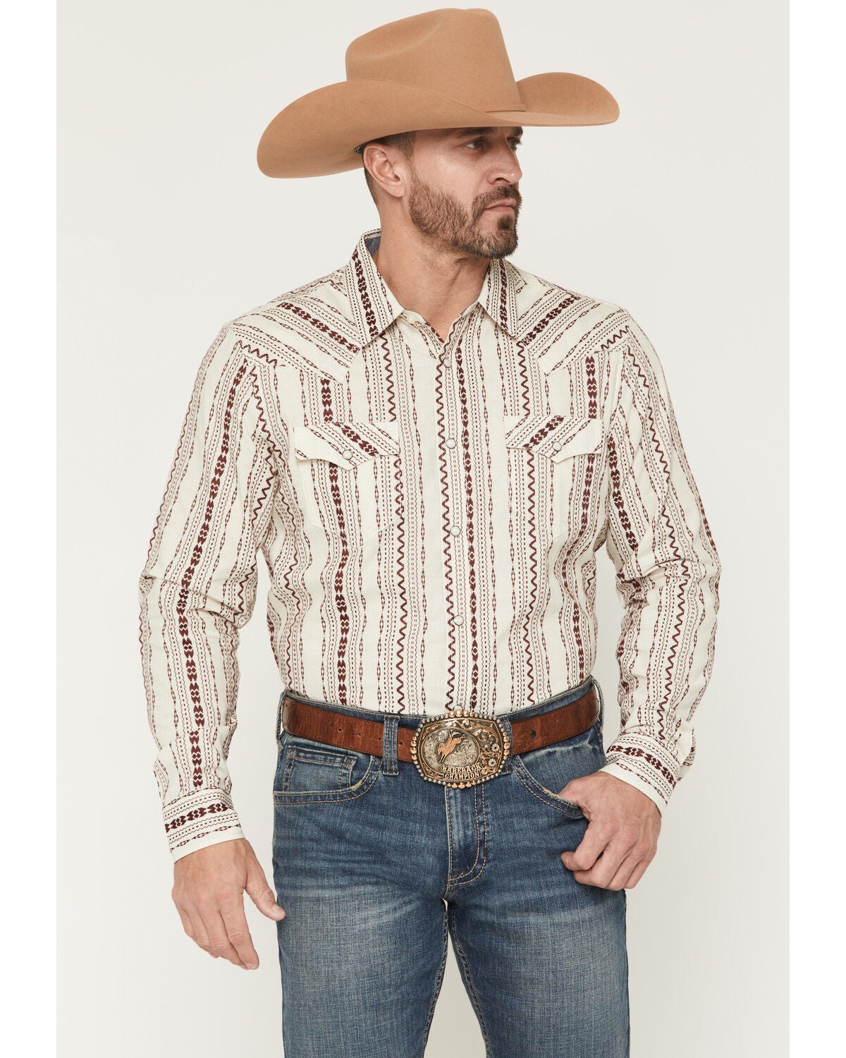 Cody James Men's Warhunt Dobby Striped Long Sleeve Snap Western Shirt, Ivory, hi-res