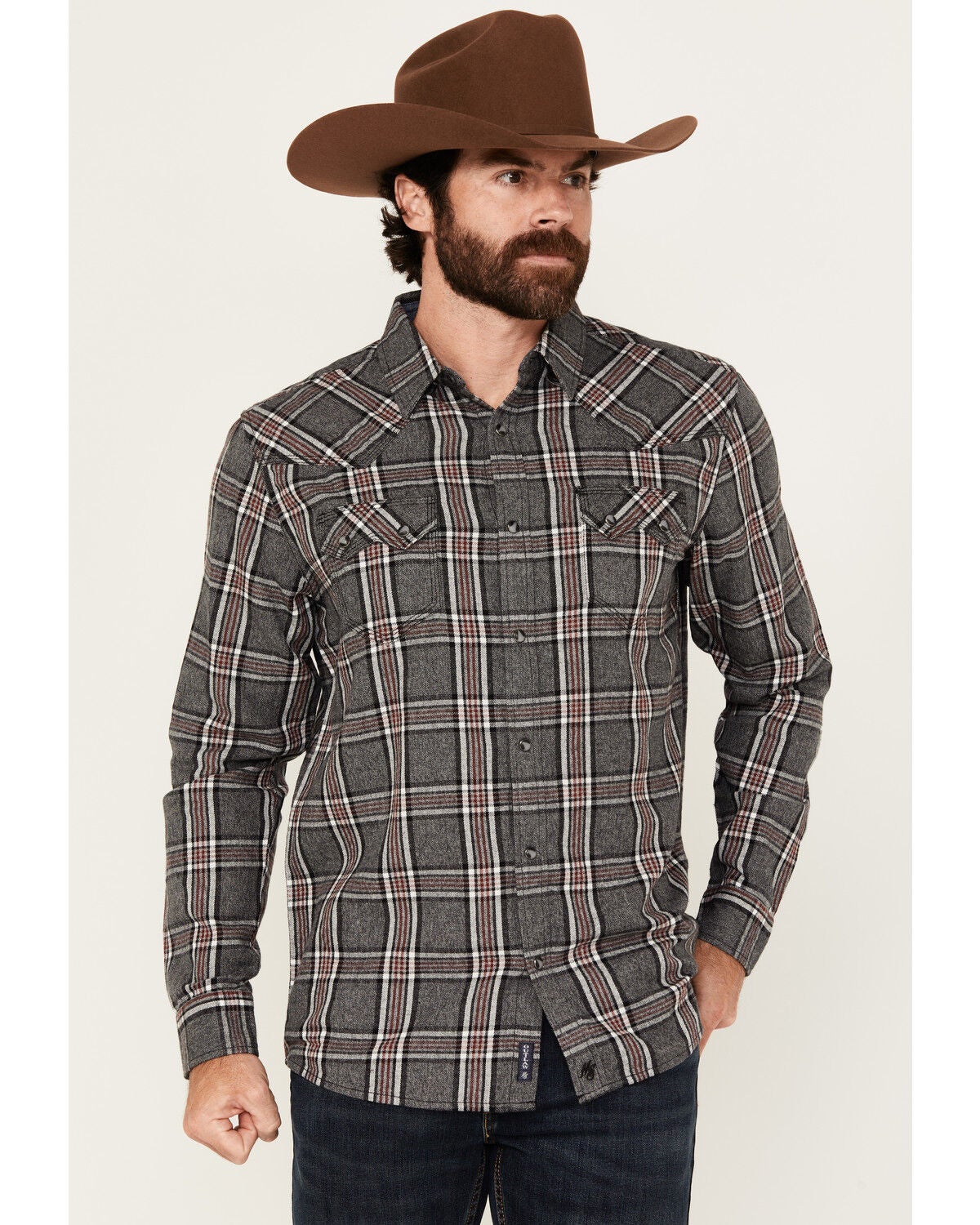Moonshine Spirit&reg; Men's Badger Plaid Print Long Sleeve Snap Western Shirt, Black, hi-res