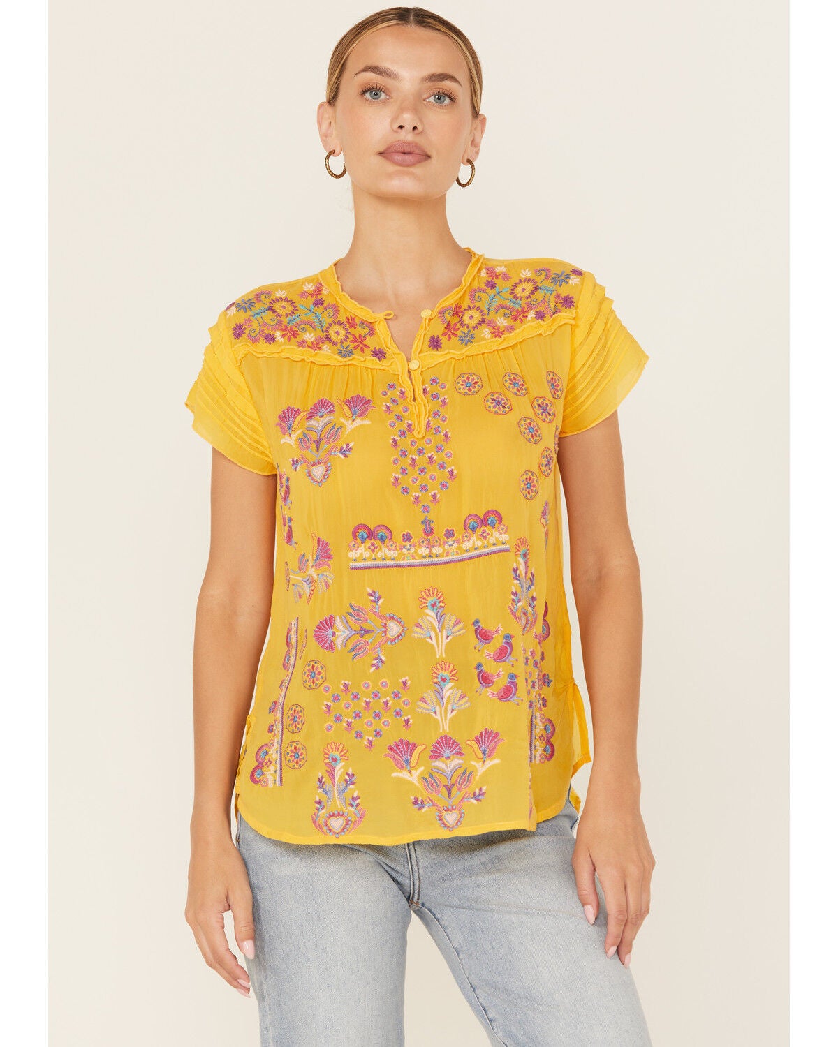 Johnny Was Women's Lafaret Short Sleeve Blouse, Yellow, hi-res