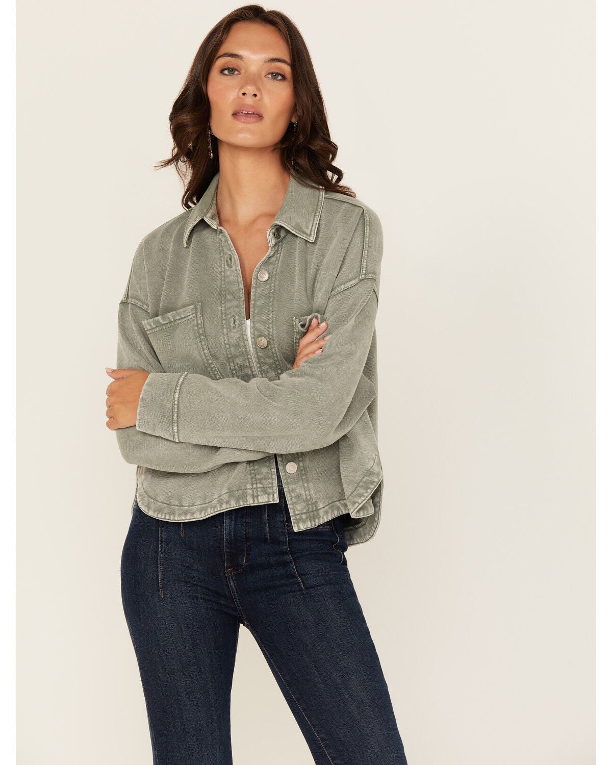 White Crow Women's Washed Cropped Knit Shacket, Green, hi-res