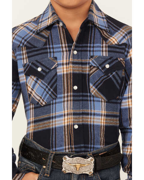 Image #3 - Ely Walker Boys' Plaid Print Brushed Flannel Long Sleeve Pearl Snap Western Shirt, Blue, hi-res