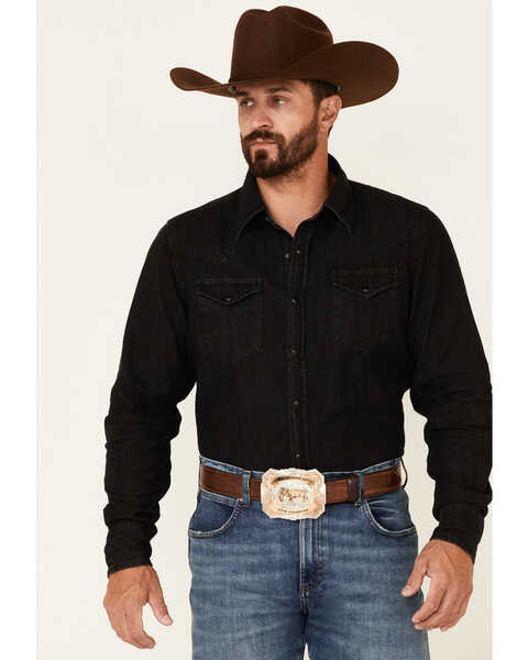 Stetson Men's Solid Denim Long Sleeve Snap Western Shirt , Navy, hi-res
