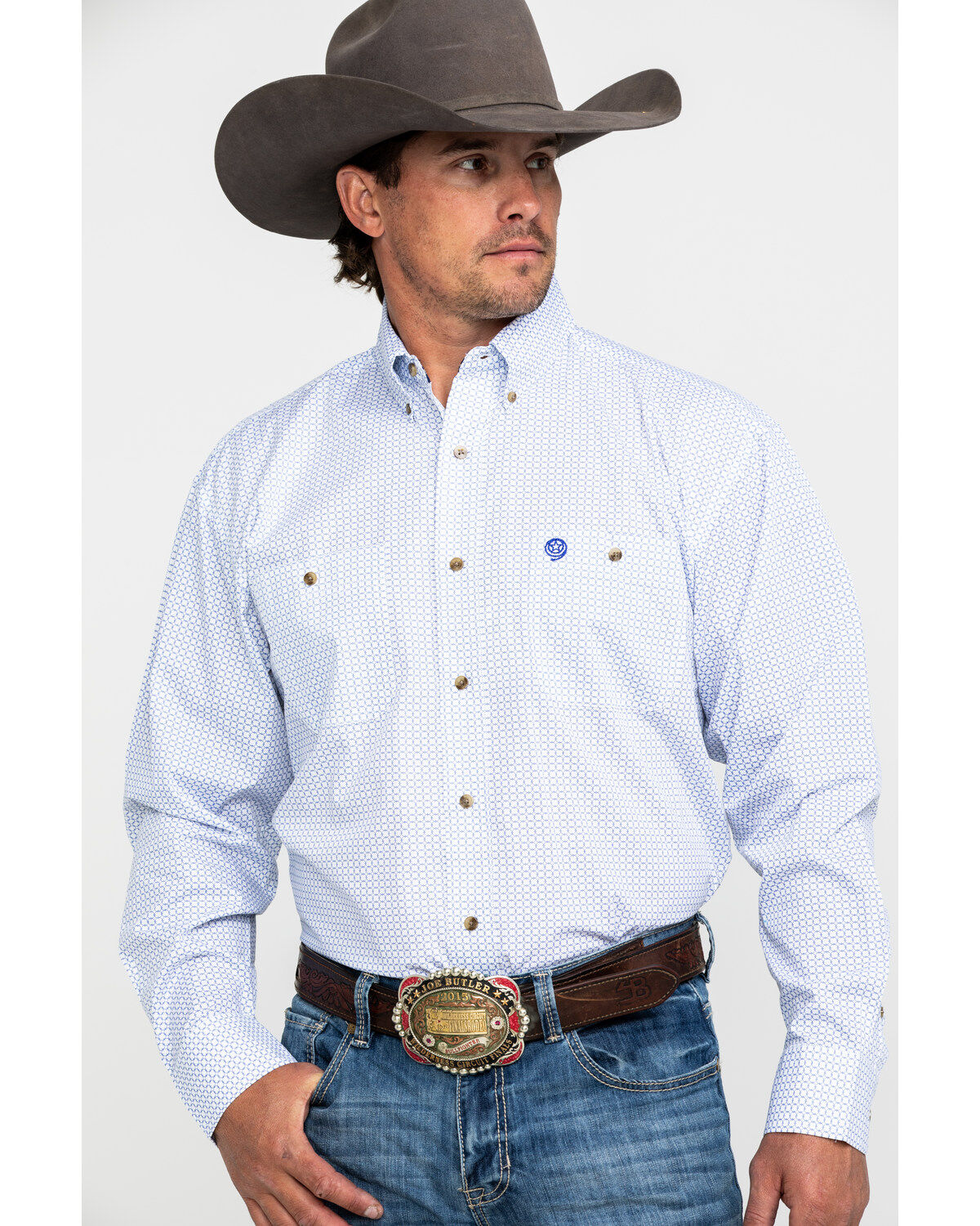 Image #1 - George Strait by Wrangler Men's White Geo Print Long Sleeve Western Shirt, White, hi-res