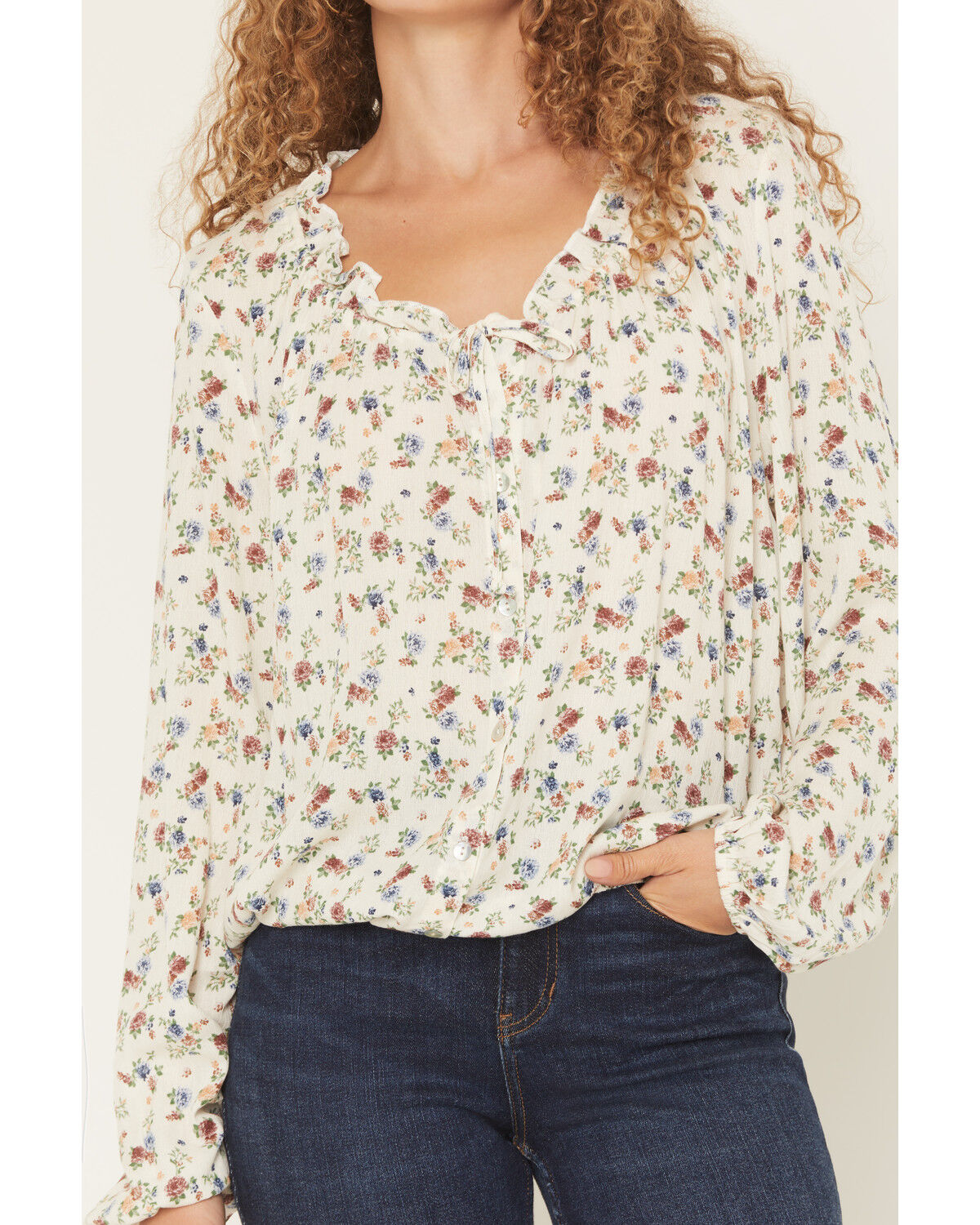 Image #3 - Wild Moss Women's Floral Print Long Sleeve Elastic Hem Peasant Top, Ivory, hi-res