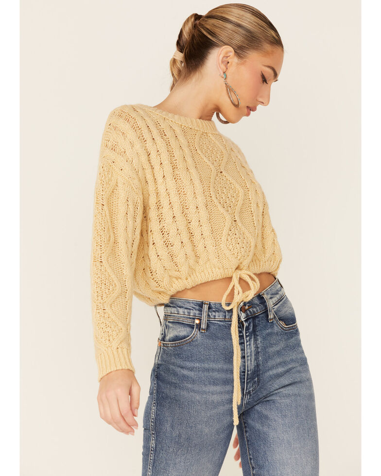 Lush Women's Yellow Cinch Front Cable Knit Sweater, Yellow, hi-res