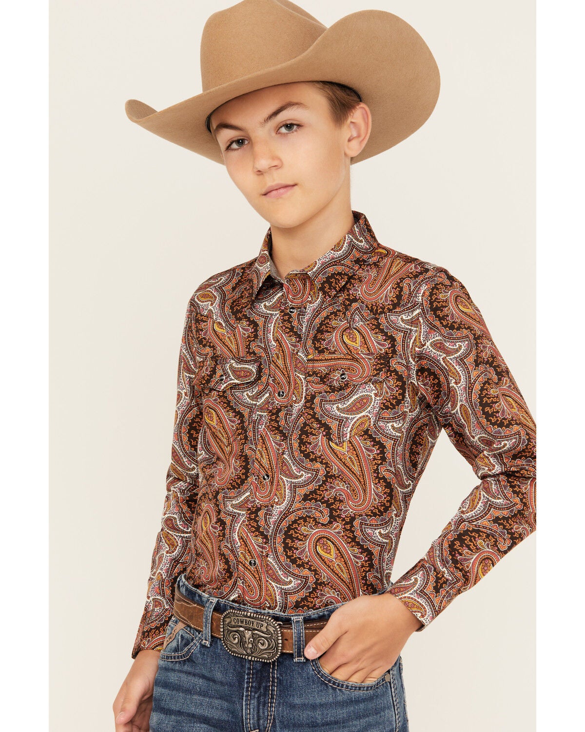 Cody James Boys' Dennis Paisley Print Long Sleeve Snap Western Shirt, Rust Copper, hi-res