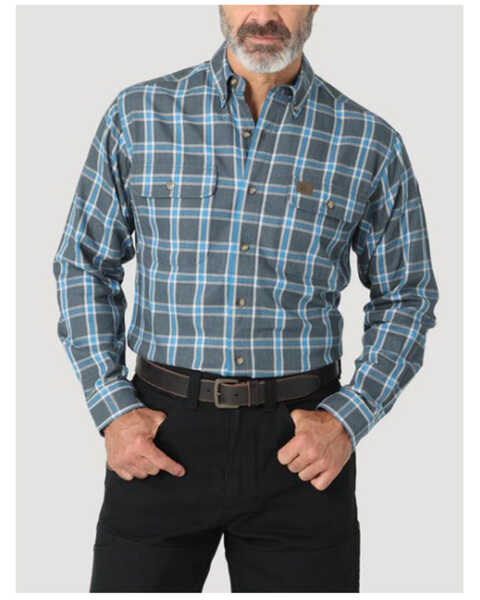 Wrangler Riggs Workwear Men's Foreman Plaid Print Long Sleeve Button Down Shirt, Blue, hi-res