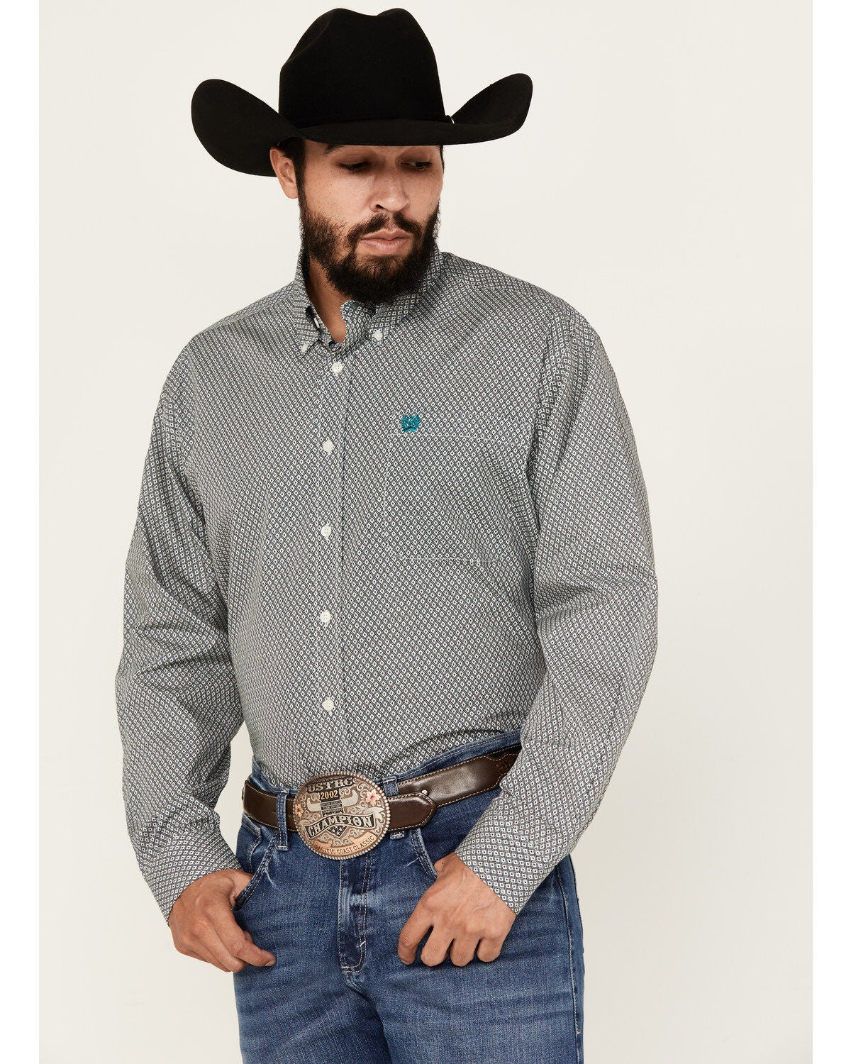 Cinch Men's Geo Print Long Sleeve Button-Down Western Shirt, Cream, hi-res