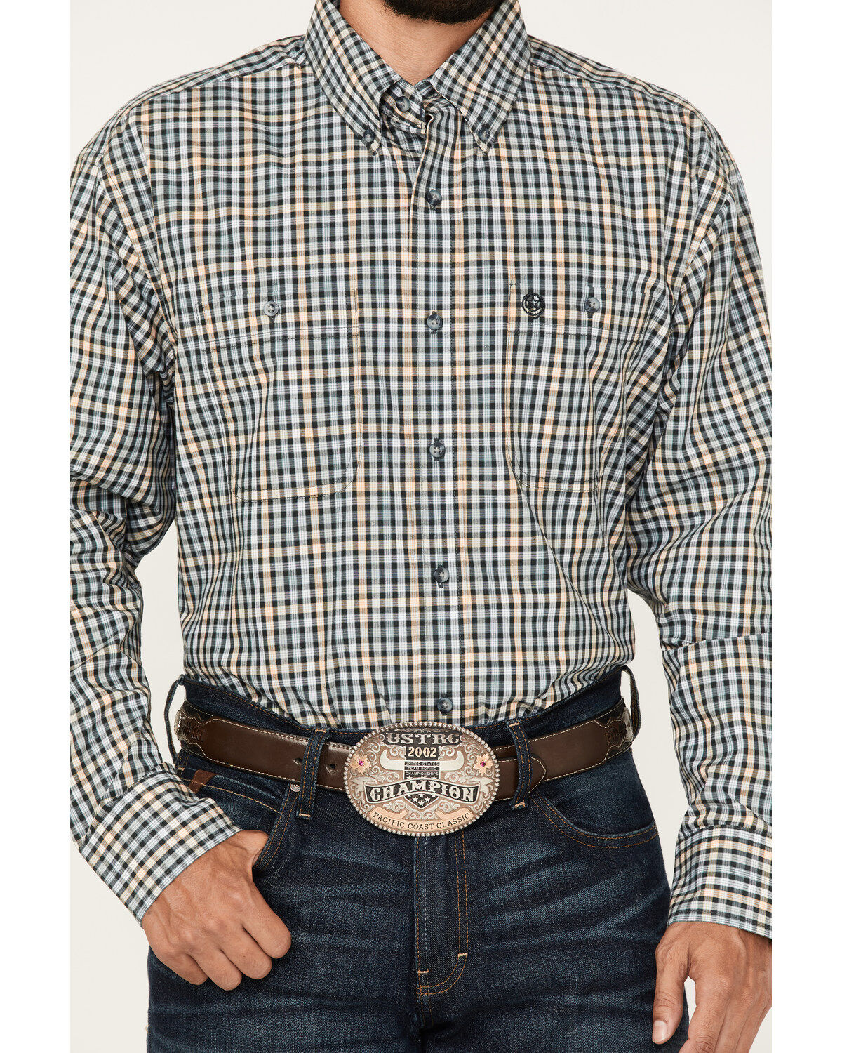 Image #3 - George Strait By Wrangler Men's Plaid Print Button Down Shirt, Navy, hi-res
