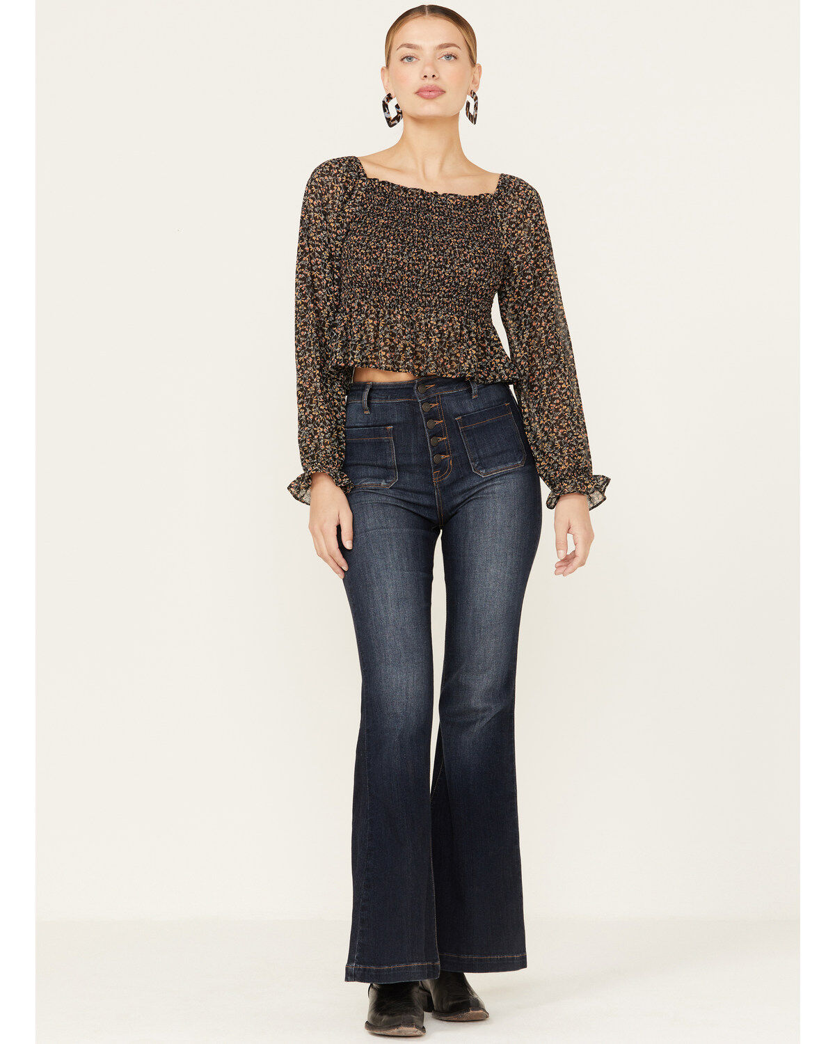 Image #4 - Beyond The Radar Women's Floral Smocked Off Shoulder Woven Long Sleeve Top, Black, hi-res