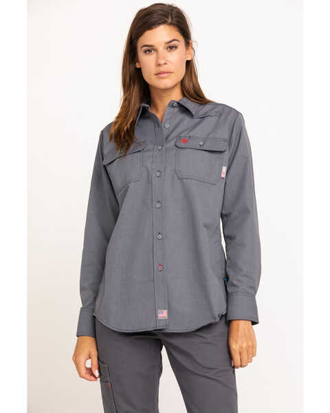 Ariat Women's Gunmetal Featherlight Long Sleeve FR Work Shirt, Grey, hi-res