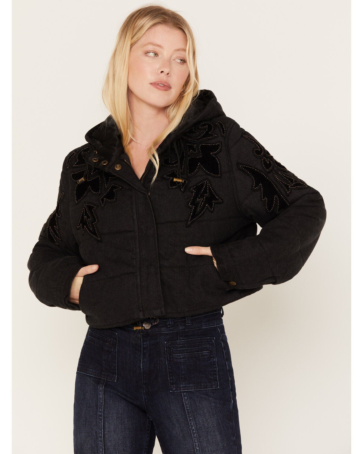 Free People Women's Fleur De Lis Denim Puffer Jacket, Black, hi-res