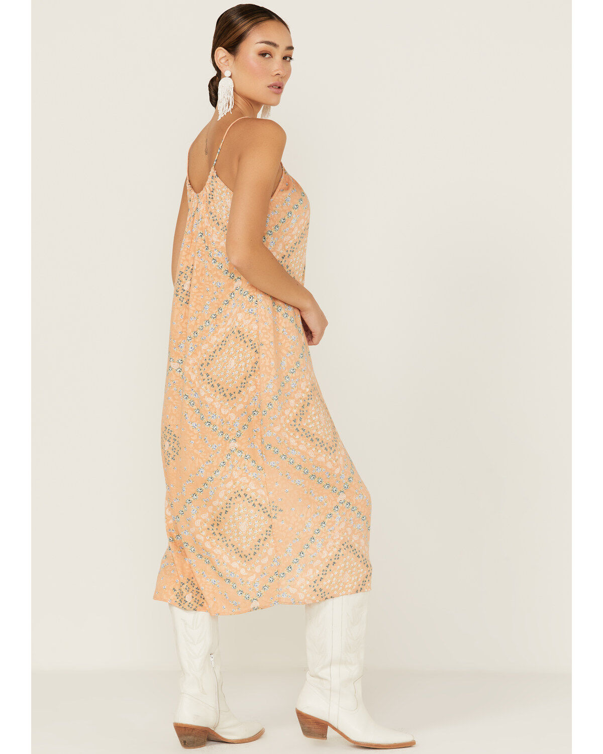 Image #3 - Wild Moss Women's Satin Printed Keyhole Slip Midi Dress, Orange, hi-res