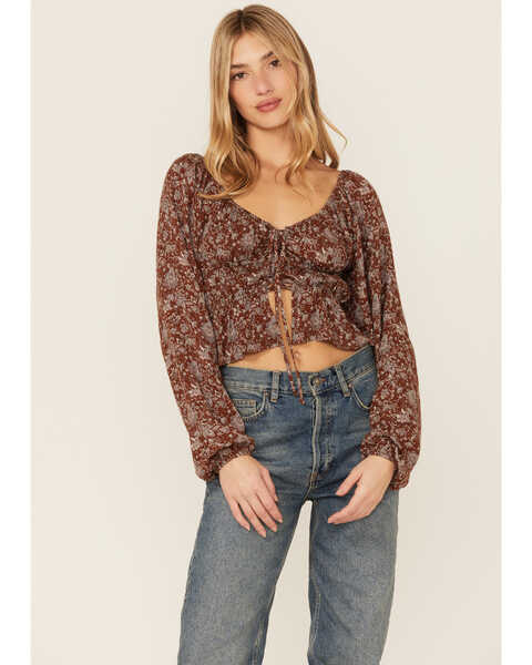 Wild Moss Long Sleeve Tie Front Ranched Floral Top, Tan, hi-res