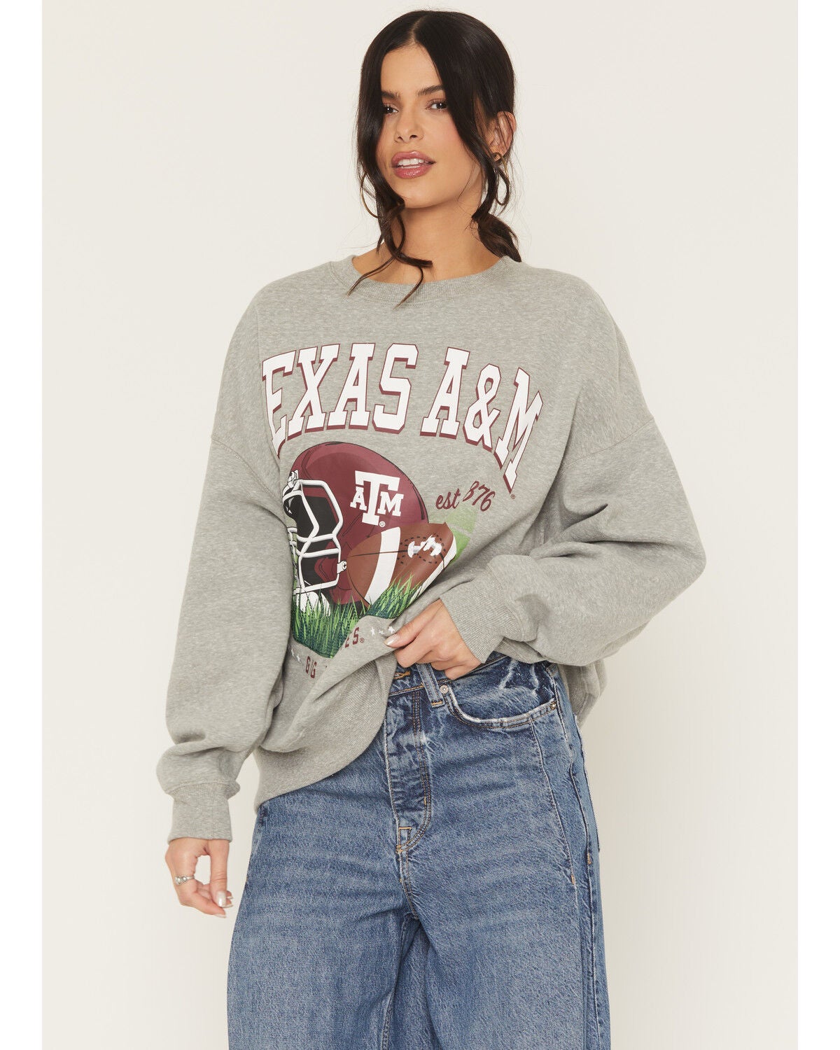 Gameday Women's TAMU Helmet Embroidered Graphic Crewneck, Grey, hi-res