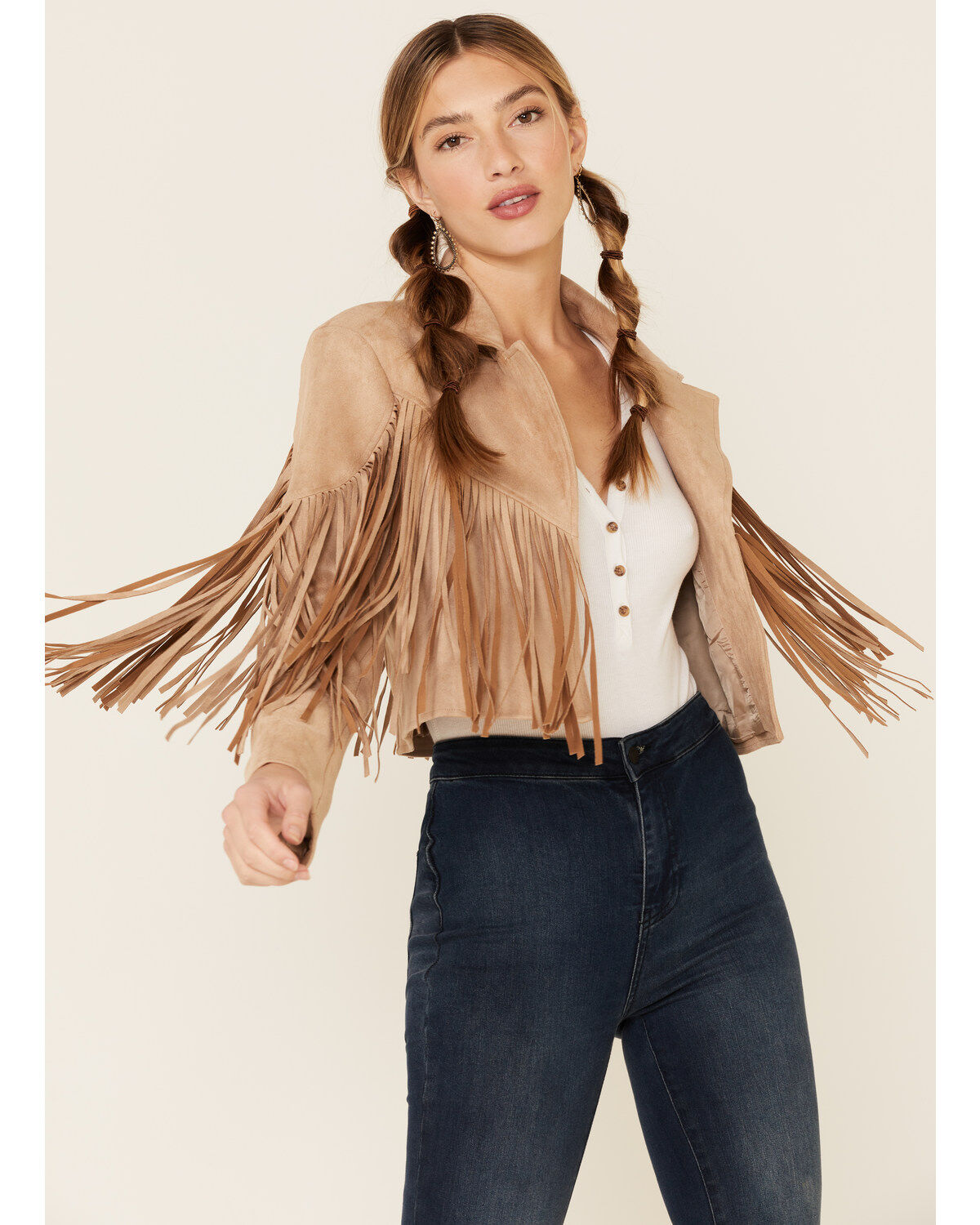 Image #1 - Saints & Hearts Women's Faux Suede Cropped Fringe Jacket, , hi-res