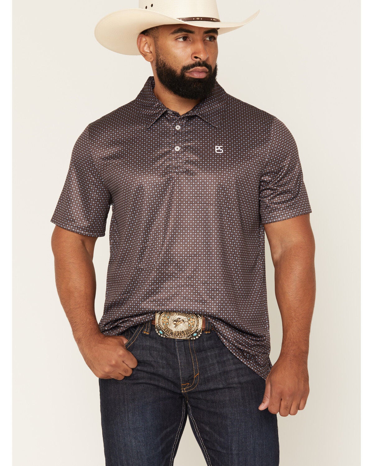 Image #1 - Panhandle Slim Men's Geo Print Short Sleeve Performance Polo, Brown, hi-res