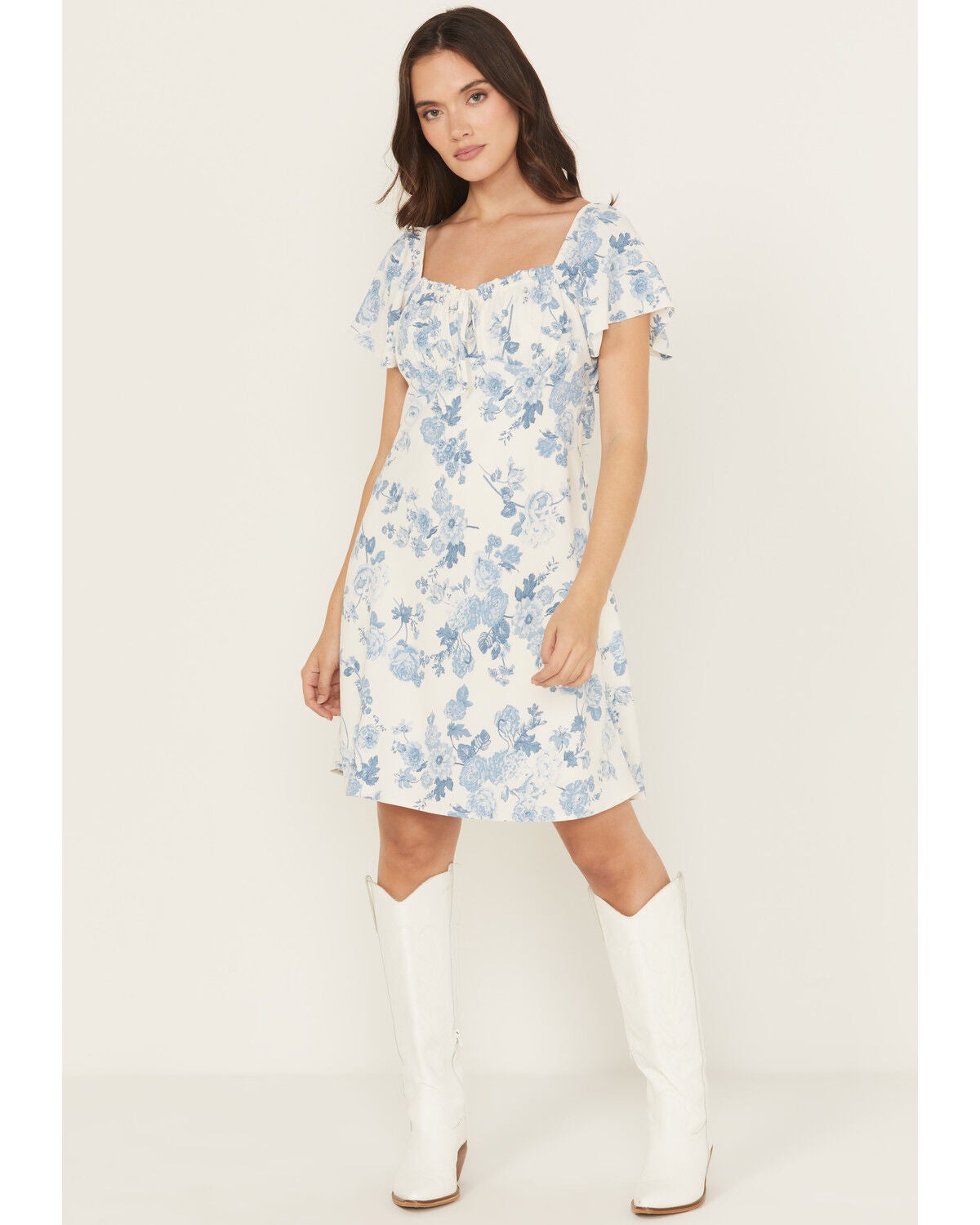 Shyanne Women's Floral Print Tie Front Mini Dress, White, hi-res