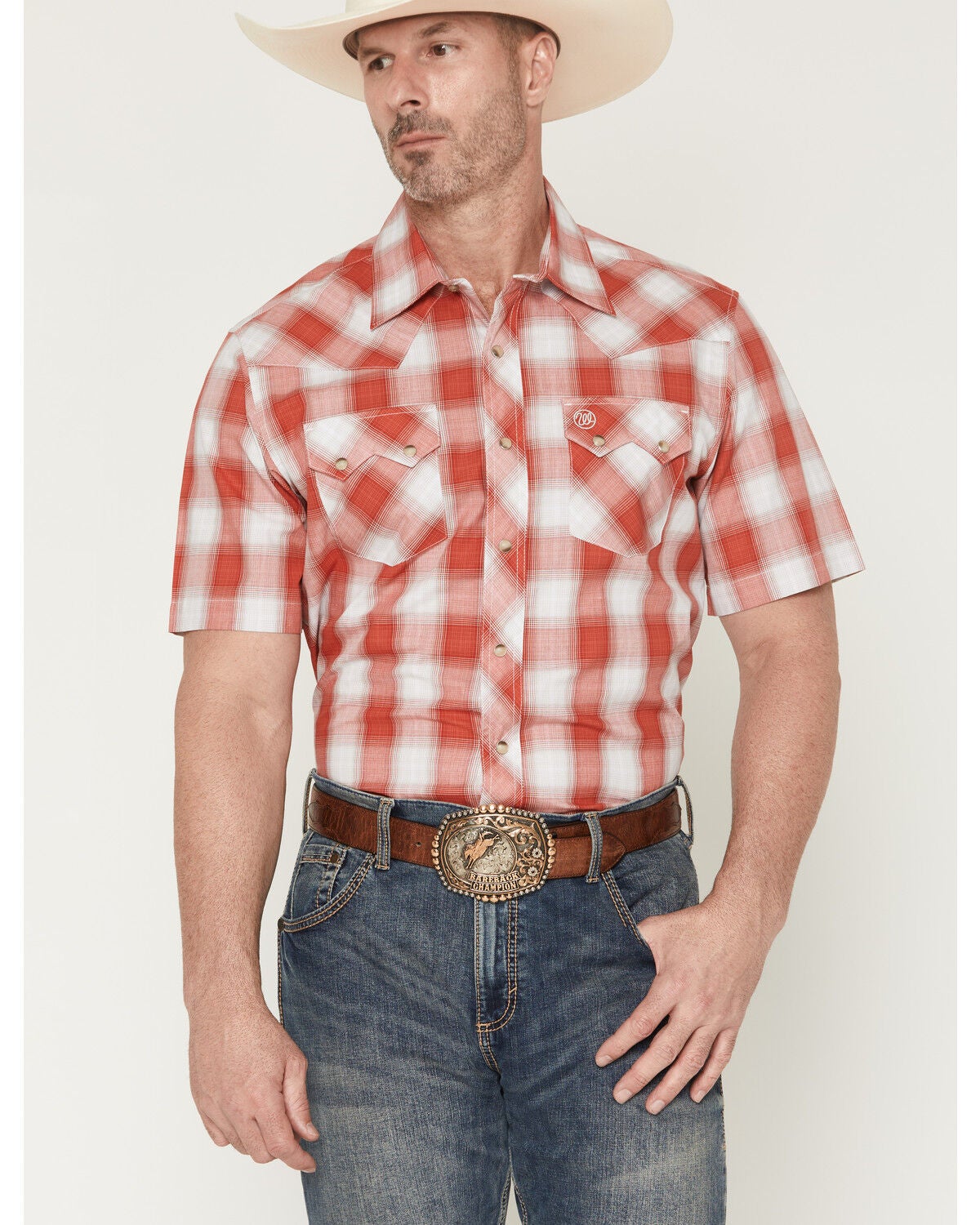 Image #1 - Wrangler Retro Men's Plaid Print Short Sleeve Snap Western Shirt, Red, hi-res
