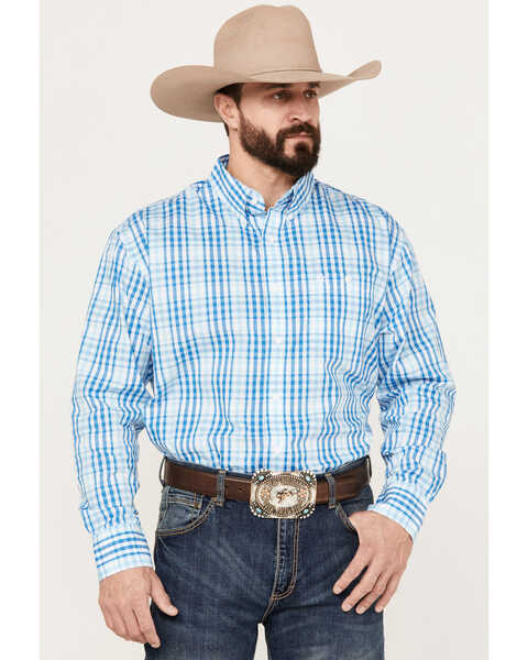 Wrangler Men's Classic Plaid Print Long Sleeve Button-Down Western Shirt, Blue, hi-res