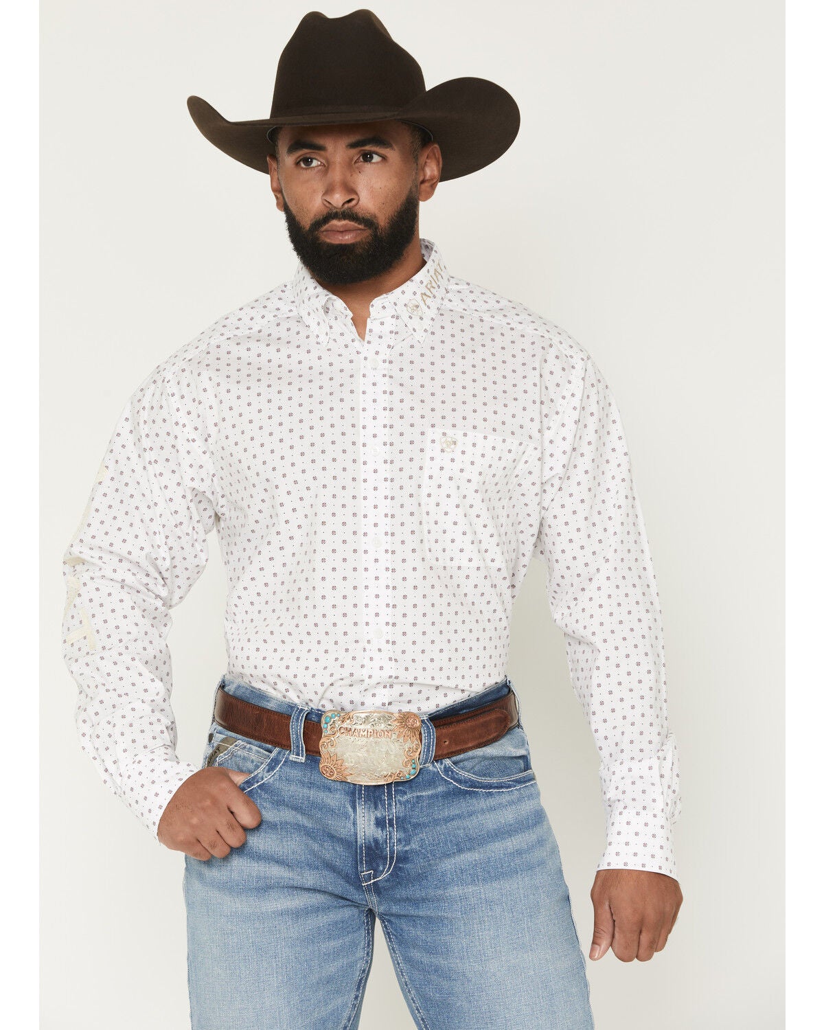 Ariat Men's Team Wake Geo Print Long Sleeve Button-Down Western Shirt, White, hi-res