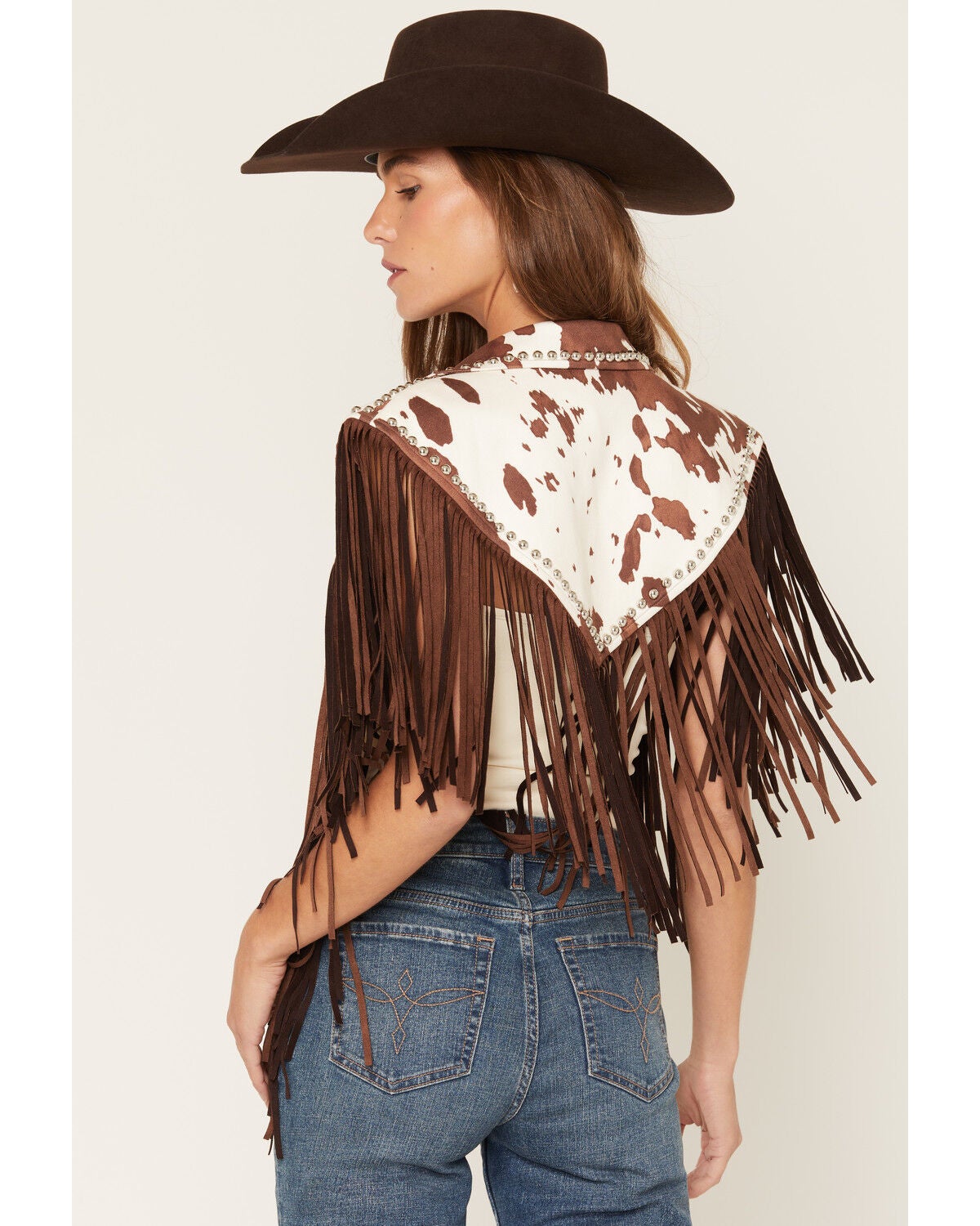 Image #4 - Saints & Hearts Women's Cow Print Studded Fringe Capelet, Brown, hi-res